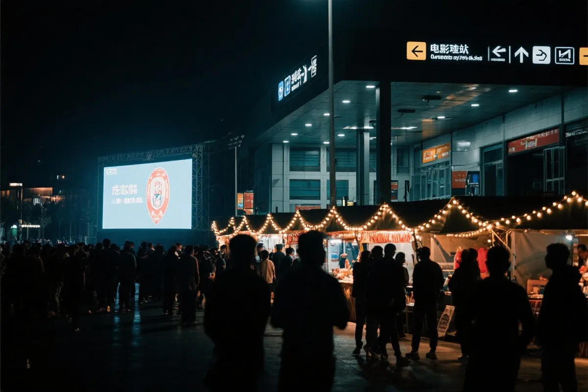 费城球迷广场夜景：大屏观赛人群、步行指示牌与公共交通入口